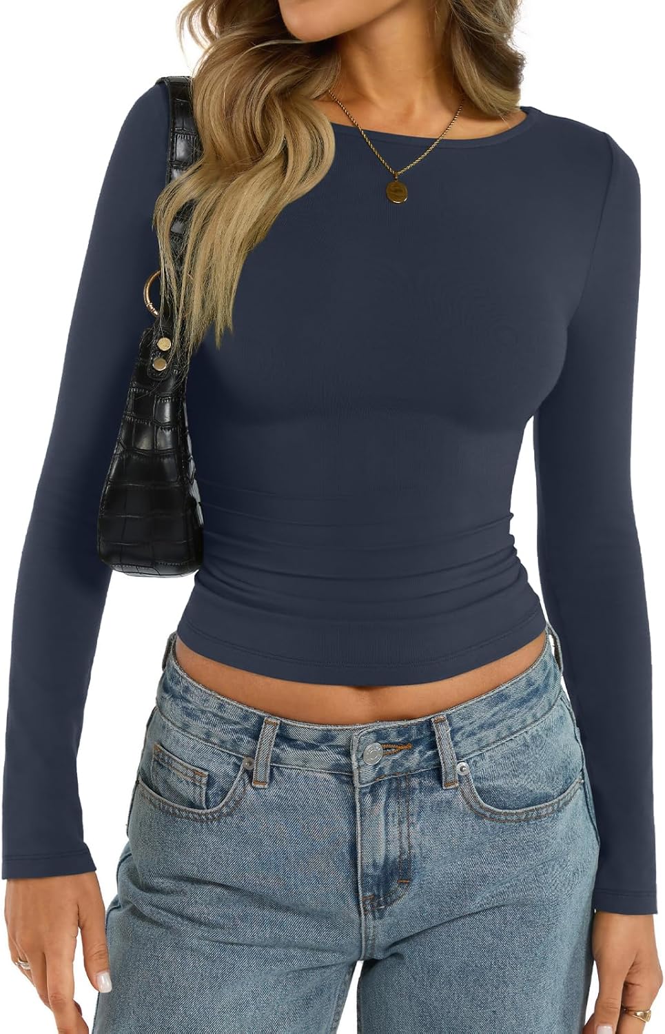 Womens Cotton Boat Neck Long Sleeve Shirts Basic Going Out Stretchy Slim Fit Y2k Crop Tops