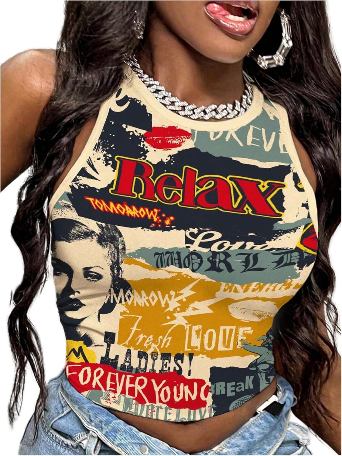 Women's Y2k Tops Vintage Graphic Tank Top Sleeveless Tight Fitted Shirt Summer Concert Rave Outfits
