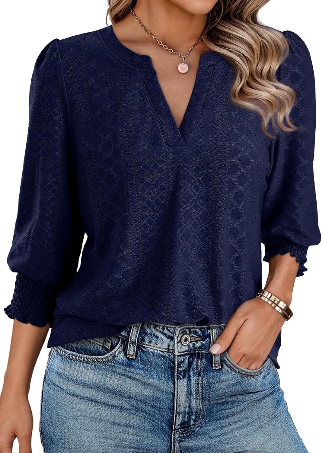 Womens Summer 2026 Hollow Out Blouses 3/4 Length Sleeve Business Tops Dressy Casual V Neck Cute T-Shirts