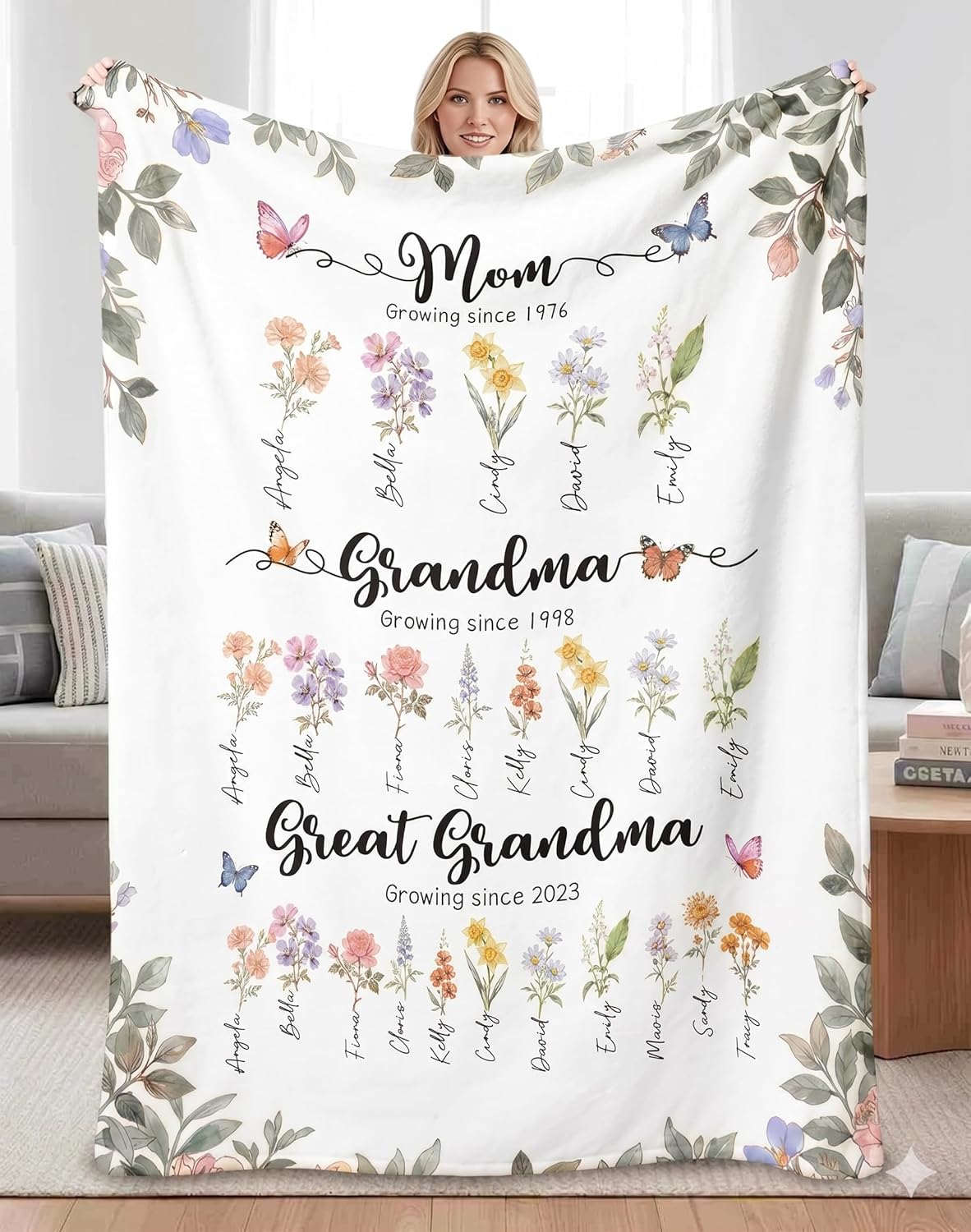 Mothers Day Custom Blanket with Name Birthday Gifts for Mom Grandma Mom's Garden Birthday Gift for Grandmother Mom Nana Gigi Mimi Mommy Blanket 50x60 Inches