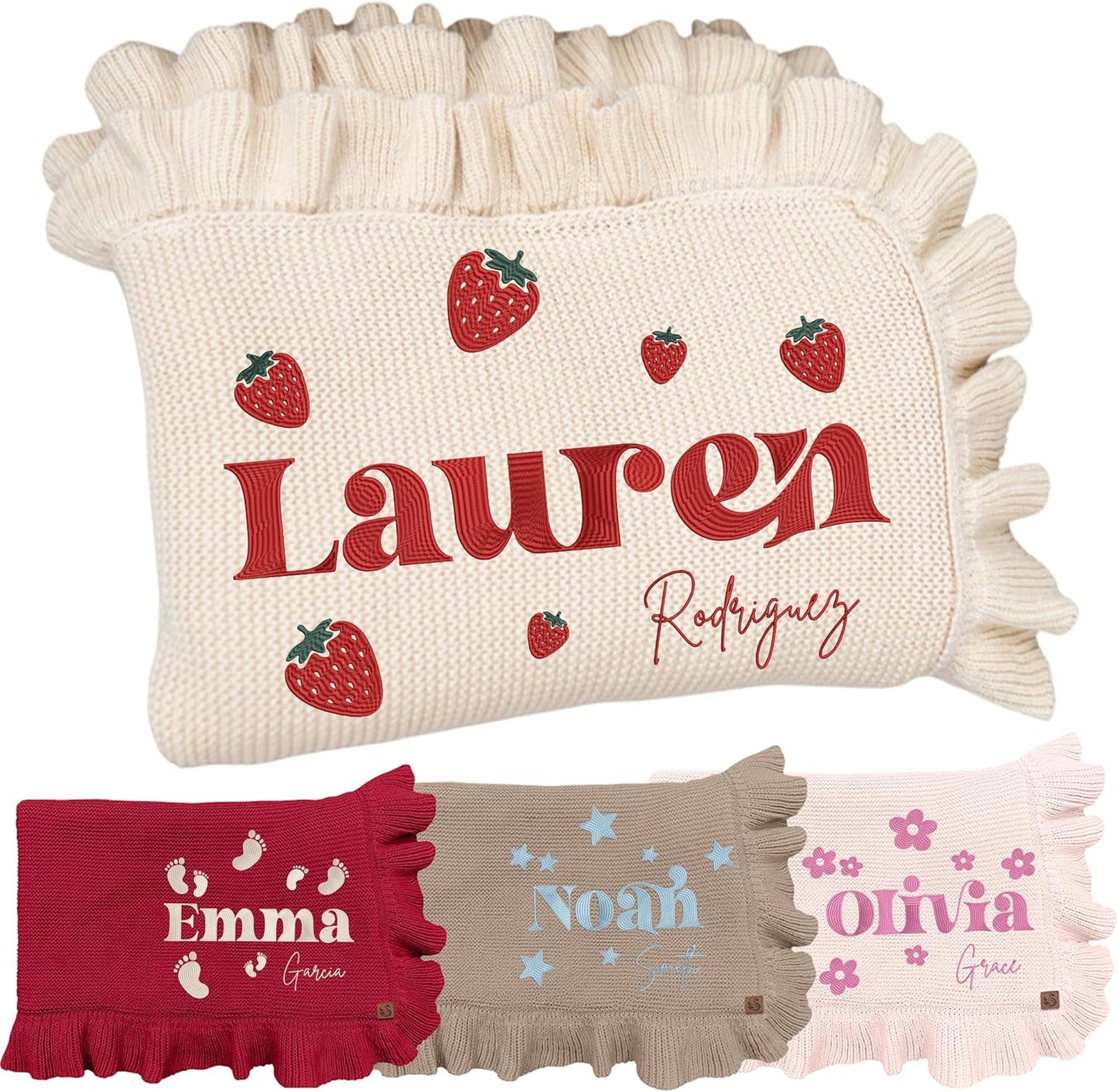 Personalized Embroidered Strawberry Baby Blanket – Boho Floral Knit Design, Soft Newborn Blanket for Baby, Custom Keepsake Gift, First Birthday Present, Cozy Nursery Throw