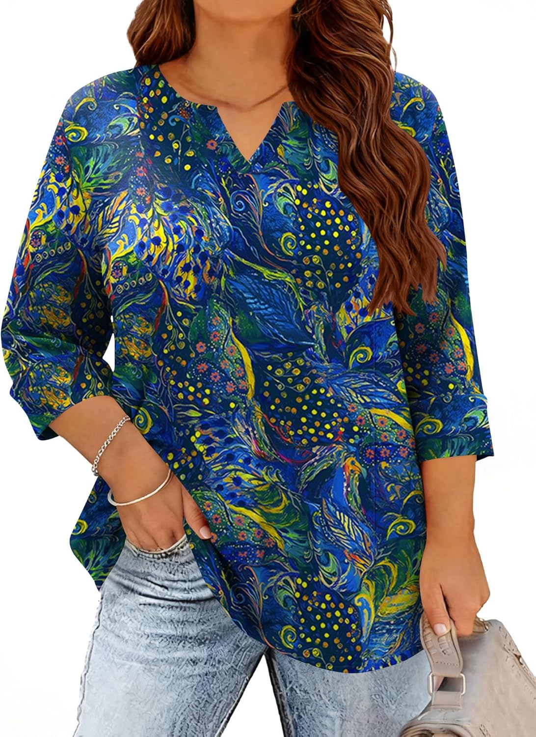 Plus Size Tops for Women V Neck T Shirt 3/4 Length Sleeve Blouse Dressy Casual Tee Loose Fit XL-5X