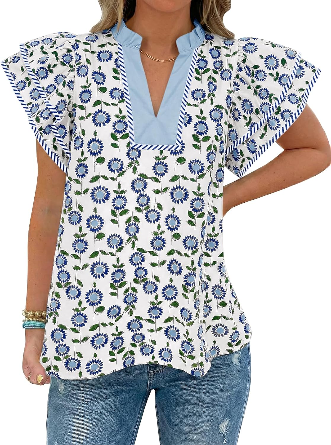 Womens Ruffle Sleeve Floral Blouses Summer Dressy Casual V Neck Tops Loose Fit Pleated Flowy Shirts