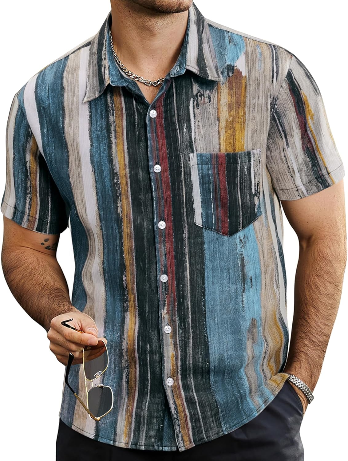 Mens Summer Striped Shirts Button Down Short Sleeve Vintage Beach Hawaiian Shirts with Pocket
