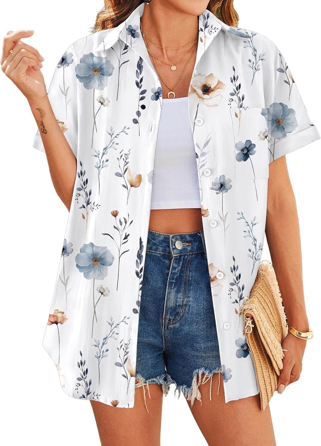 Hawaiian Shirts for Women Summer Short Sleeve Button Down Blouses Cool Tropical Tops Beach Vacation Clothes