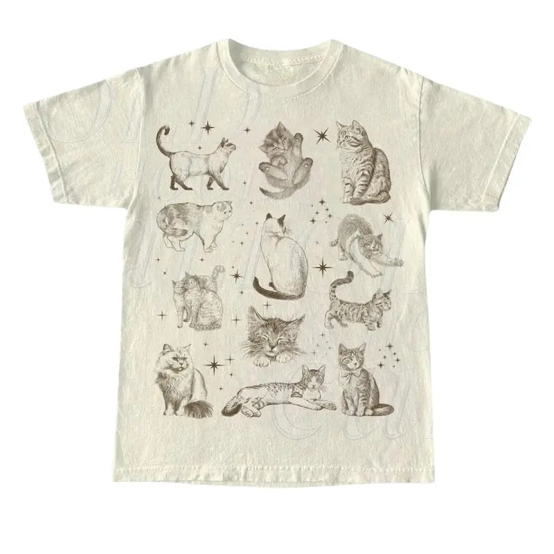 90s Tattoo Cat Tshirt, Retro Kitten Nature Shirt, Cat Lovers Gift, Cats In Space Unisex Relaxed Tee, Funny Gifts Top...