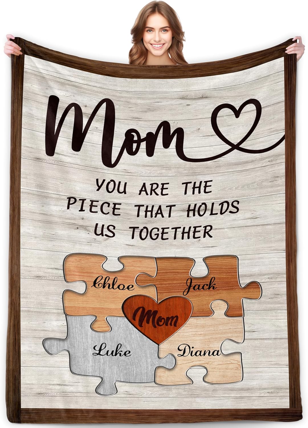 Personalized Mothers Day Funny Gifts for Mom Wife Nana Grandma from Daughter Son Grandkids Husband Custom Unique Puzzle Style Blanket with Names Customized Mother's Day Birthday Gifts