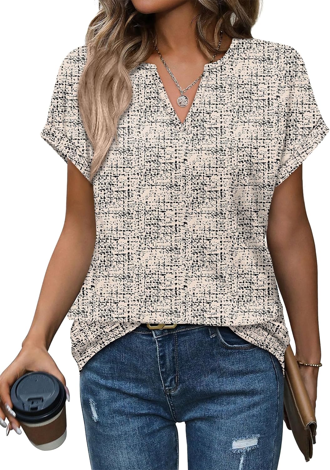Womens Tops Dressy Casual V Neck Rolled Sleeve T Shirts Fashion Clothing Business Casual Outfits Beach Vacation Clothes