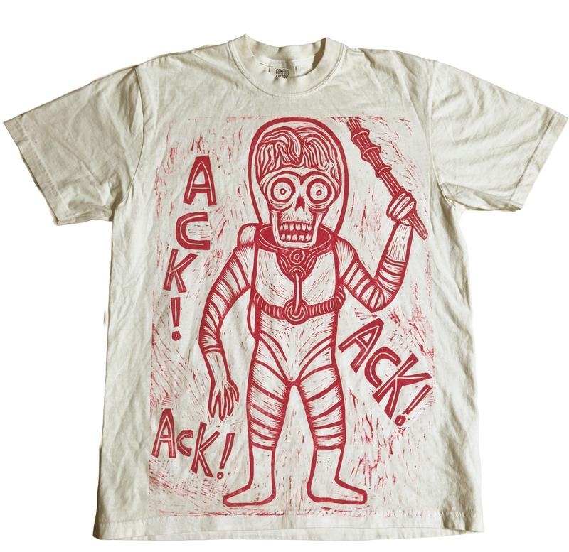 Ack! Ack! Ack!Woodblock Hand-Printed T-Shirt Cotton Menswear Streetwear Graphics Casual Top Stylish Fabric Tropical Shoe Short Sleeve