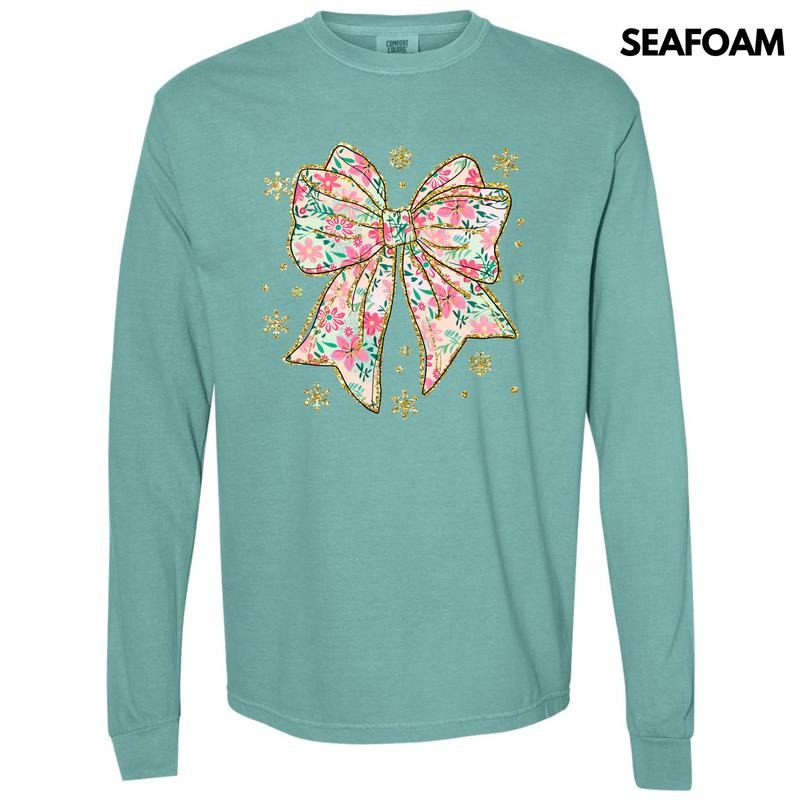 Adorable Big Floral Bow Long Sleeve Comfort Colors T-Shirt 'NLB' Hoodie, Sweatshirt | InkThreadWorks.com