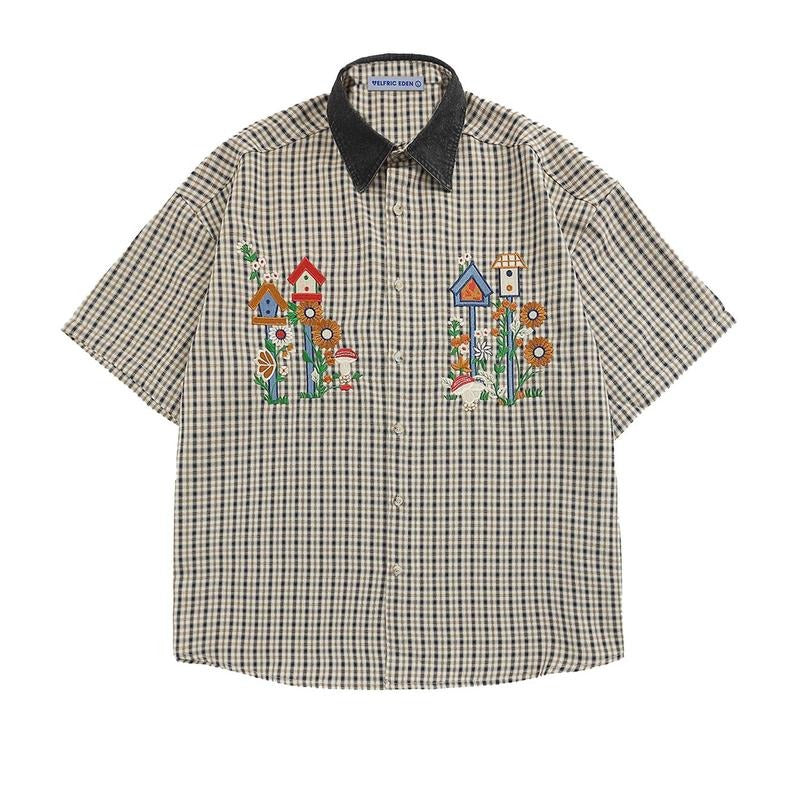 Aelfric Eden Shirts Plaid Embroidery Short Sleeve Shirt Casual Graphic T-Shirts Men Button Down Tee Tops Oufits