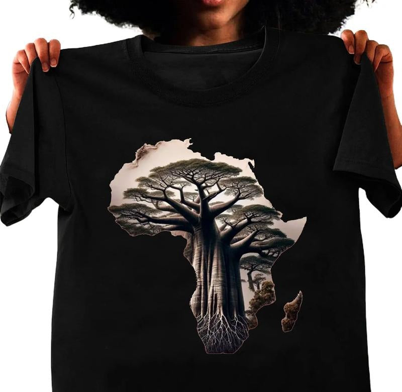 African Baobab Tree T-Shirt, Continent Outline Shirt, Africa Map Art Tee, Nature Inspired Apparel, Travel Lover Gift, Unique Graphic Tee, Unisex T-shirt for Men and Women, Full Sizes, Full Colors, Menswear, Womenswear Classic Cotton