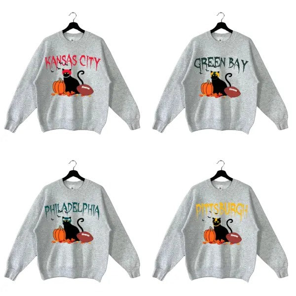 All Team Football Halloween Sweatshirt, Black Cat Football Sweatshirt, Sunday Football Crewneck Sweatshirt T-Shirts, Hoodie