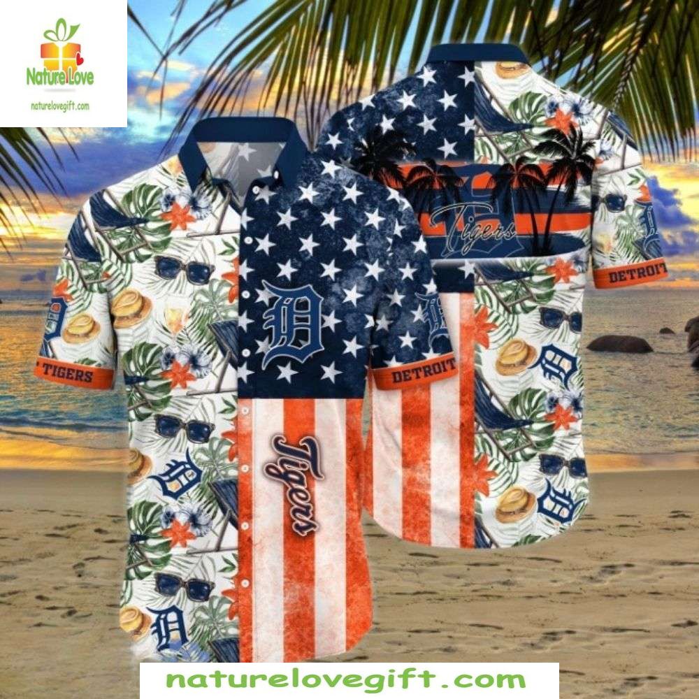 Detroit Tigers Hawaiian Shirt American Flag Tropical Aloha Shirt MLB