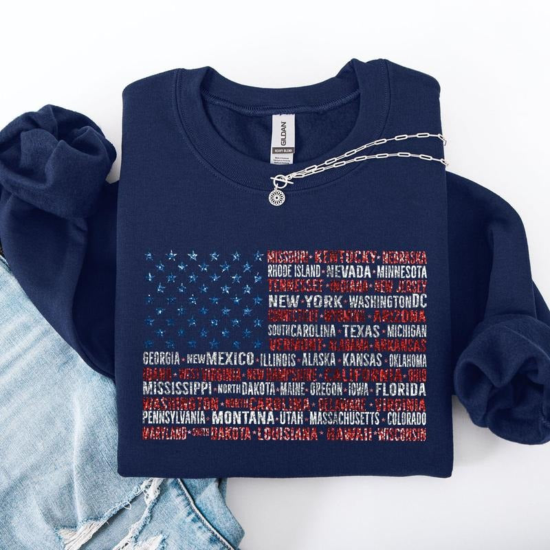 American Flag, States, USA, Patriotic, America, 4th of July Sweatshirt, Crew Neck, Women's, Crewneck