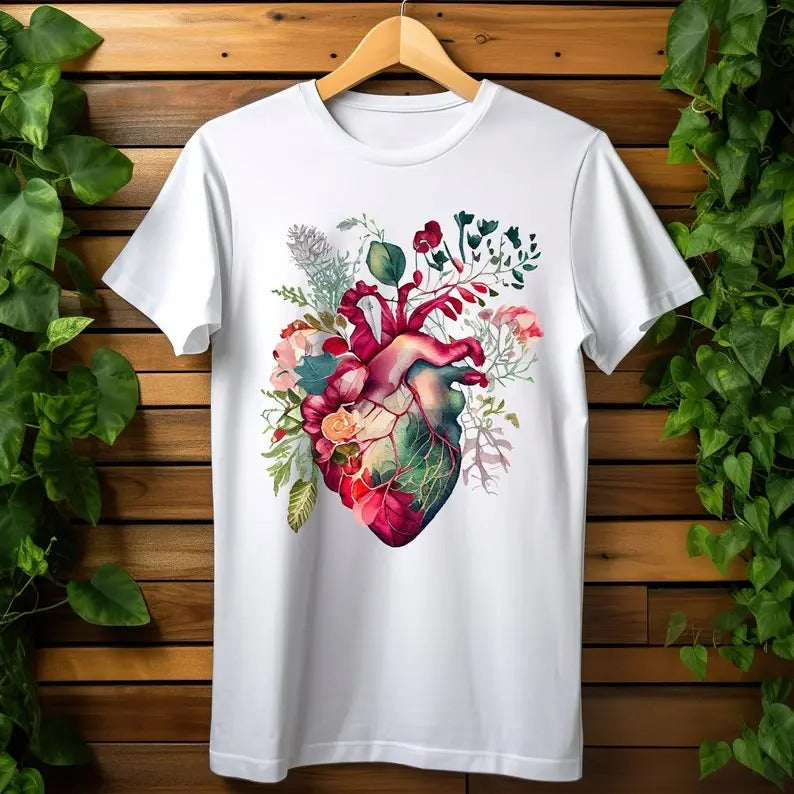 Anatomical Floral Heart T-shirt, Floral Nurse Shirt, Womens Graphic Tee, Heart Graphic Tee, Floral Human Heart Clothing Gift For Nurses