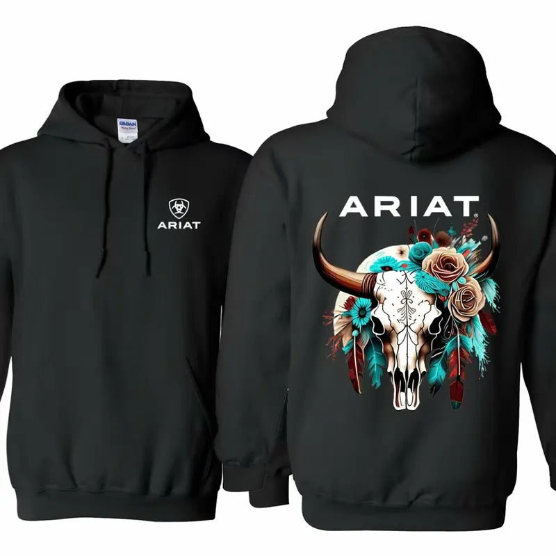 Ariat Hoodie - Unisex Hoodie, Featuring A Wild Bull Skull Design With Intricate Floral Patterns, Perfect For Outdoor Adventures Classic Cotton Casual Hoodie