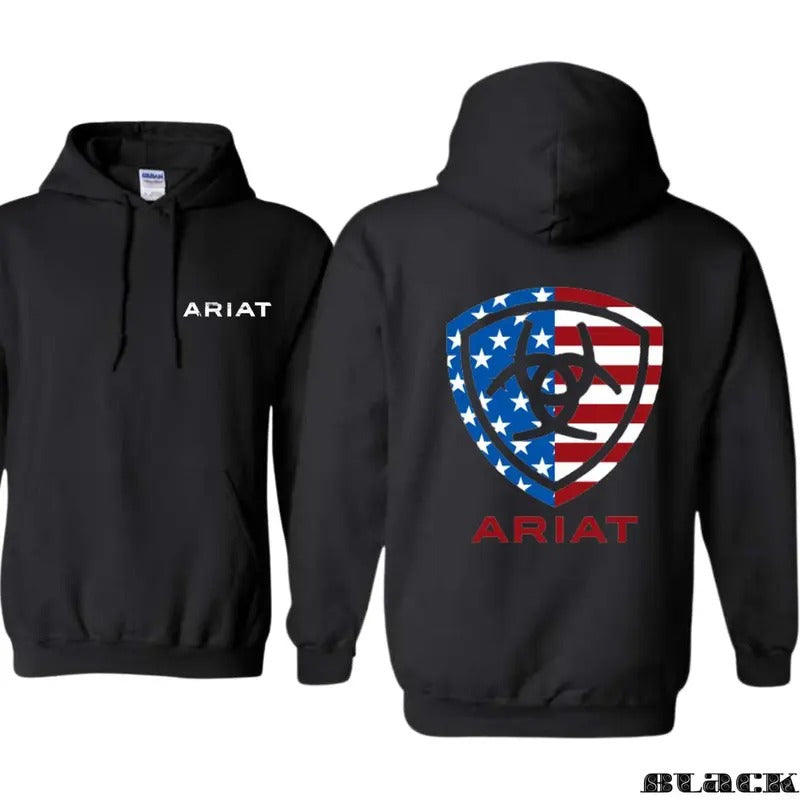 Ariat Hoodie, Classic American Flag Logo Design, Unisex, Ideal for Outdoor Activities and Casual Wear Hoodie, Womenswear. Underwear