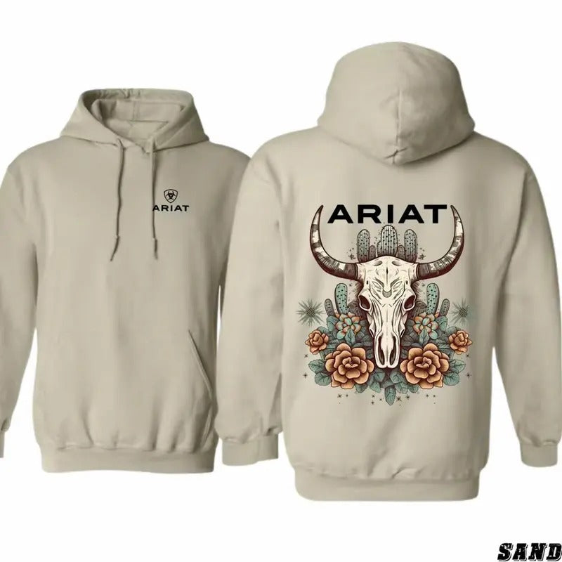 Ariat Unisex Hoodie - Bull Skull Design with Cactus Floral Patterns, Perfect for Outdoors, Casual Hoodie, and Classic Comfort for All Genders
