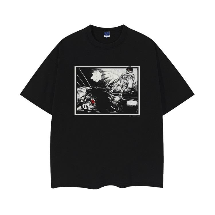 Ashita no Joe "The Ring" Heavyweight Vintage Tee 100% Cotton OVERSIZED Anime T-shirt Menswear Top Crew Necks Tshirt Casual Streetwear Black Baggy Tropical Crewneck
