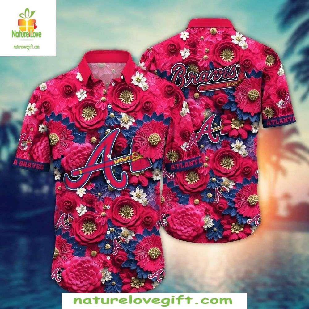 Atlanta Braves Hawaiian Shirt Floral Crest Vivid Blossom MLB Baseball Apparel