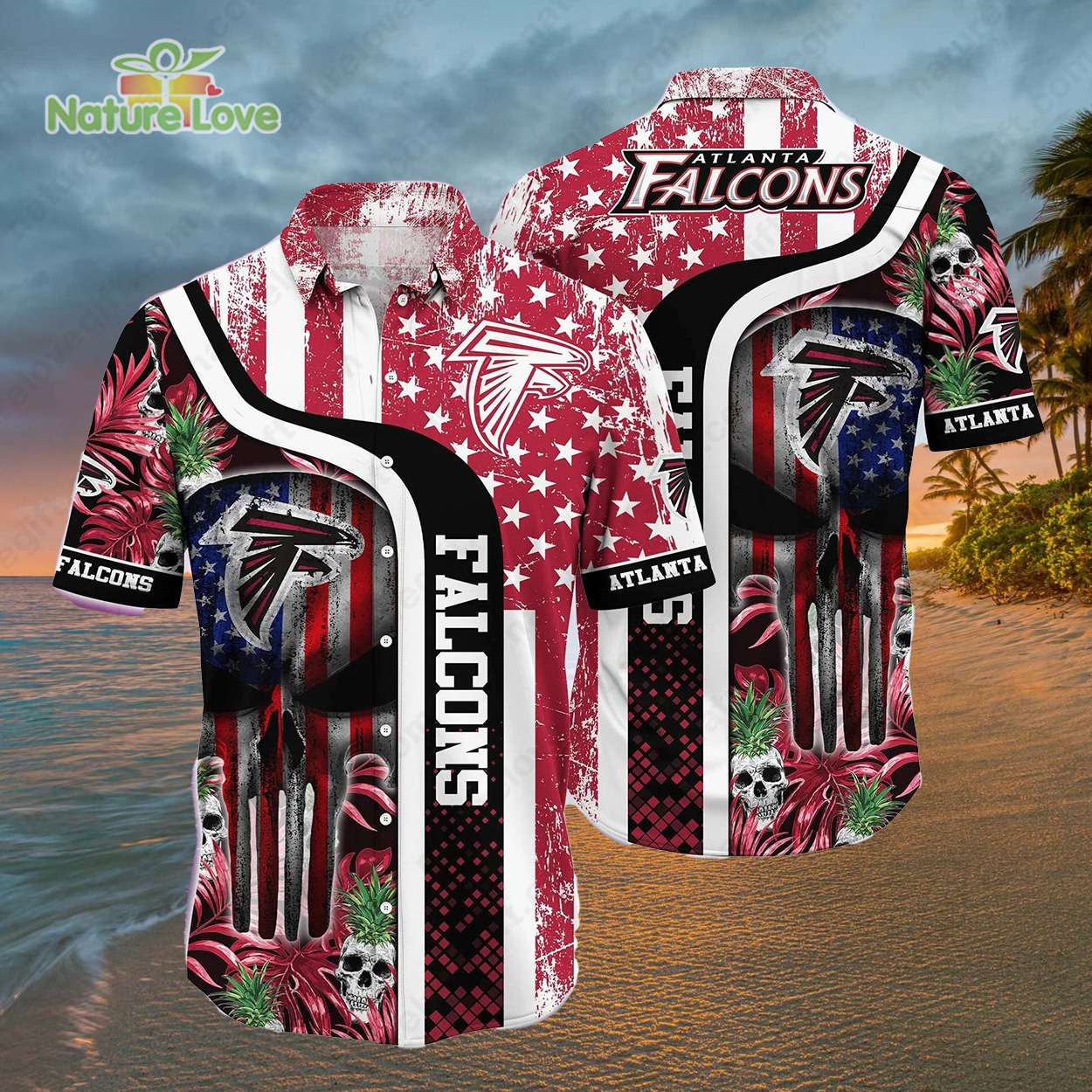 Atlanta Falcons American Flag Skulls Vintage Hawaiian Shirt