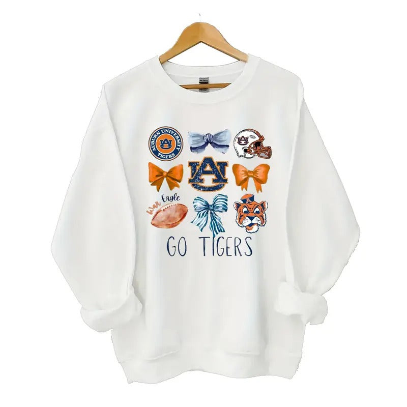 Auburn Tigers Coquette Football Sweatshirt, White, Classic Cotton Blend, Long Sleeve, Crewneck, Casual Style, "GO TIGERS" Graphic Design Menswear Soft Breathable Green