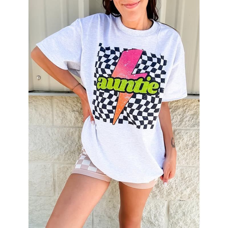 Auntie Neon Checkered Graphic Top
