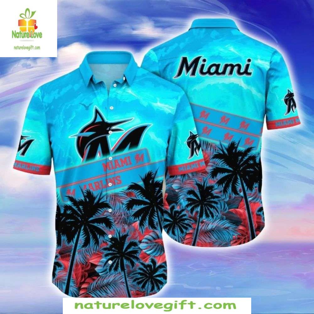 Miami Marlins Hawaiian Shirt Azure Palm Breeze MLB Baseball Apparel