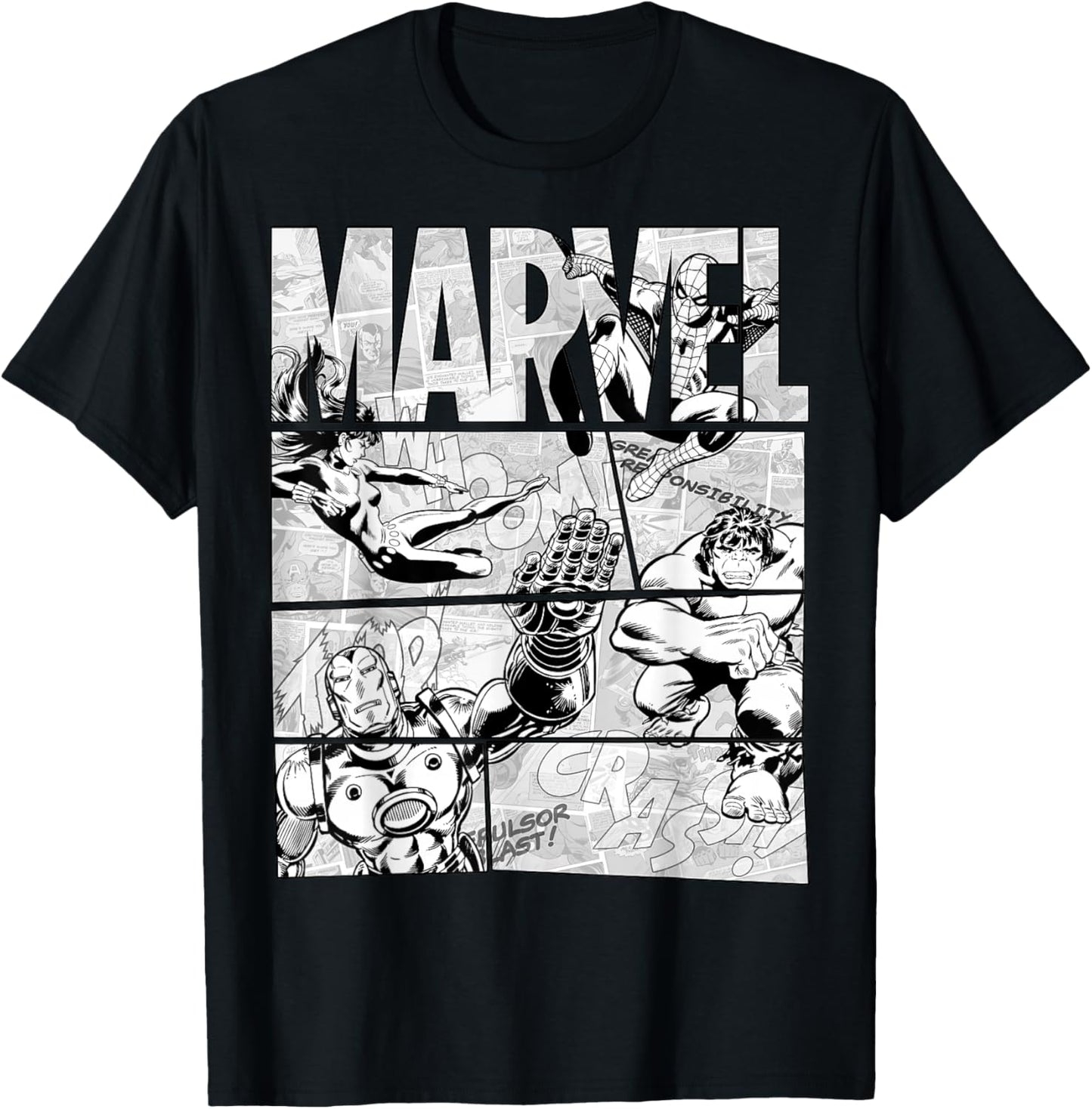 Avengers Retro Black and White Comic Graphic Short Sleeve T-Shirt