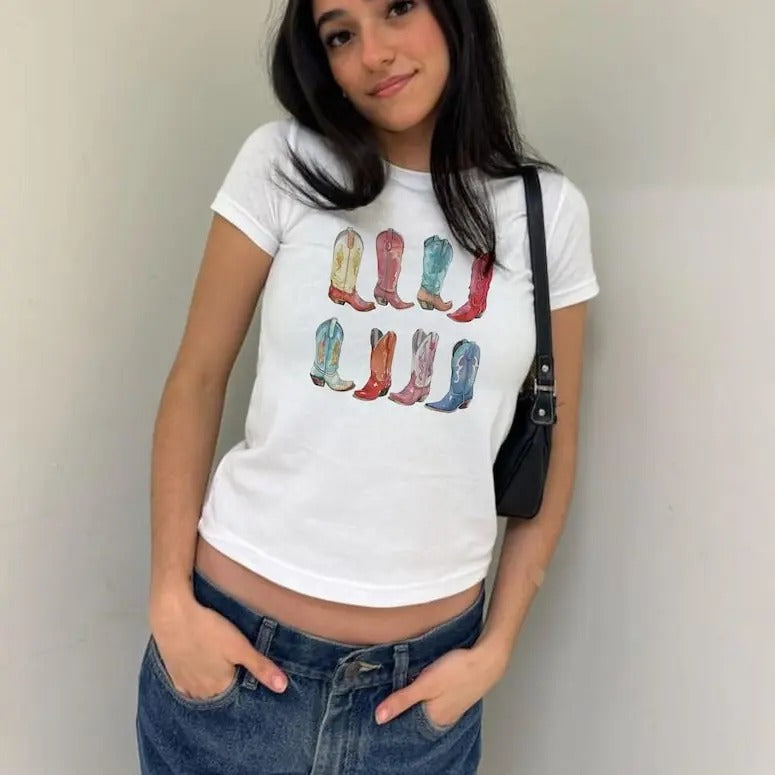 Baby Tee Cowboy Boots Baby Tee Coastal Girl Graphic Baby Tee Print Baby Tee Cowgirl Baby Tee Western Graphic Baby Tee Women Trendy Summer