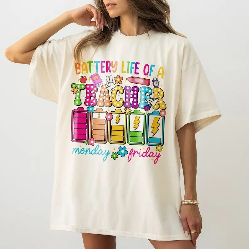 Back To School Tour Gifts For Teacher Retro Back to School Tshirt, Kindergarten, First Day Of School, Battery life of a Teacher Shirt,Funny Teacher Life T-Shirt,Gift For Teacher