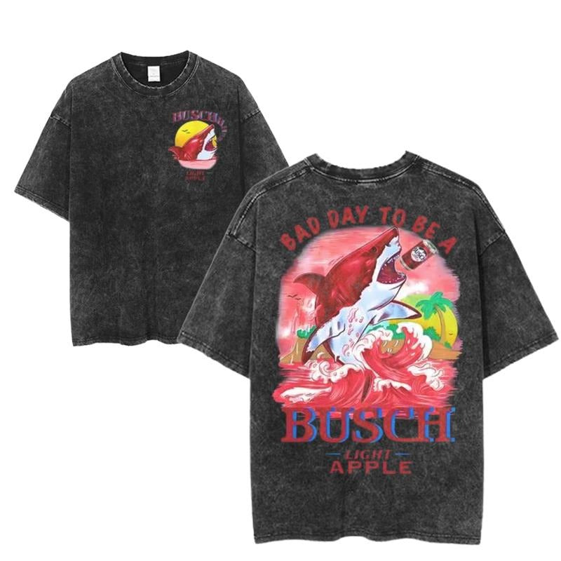 Bad Day To Be A Busch Light Apple Tee, Shark Drinking Graphic T-Shirt, Summer Beach Beer Shirt, Funny Party Style, Unisex Menswear Womenswear Top