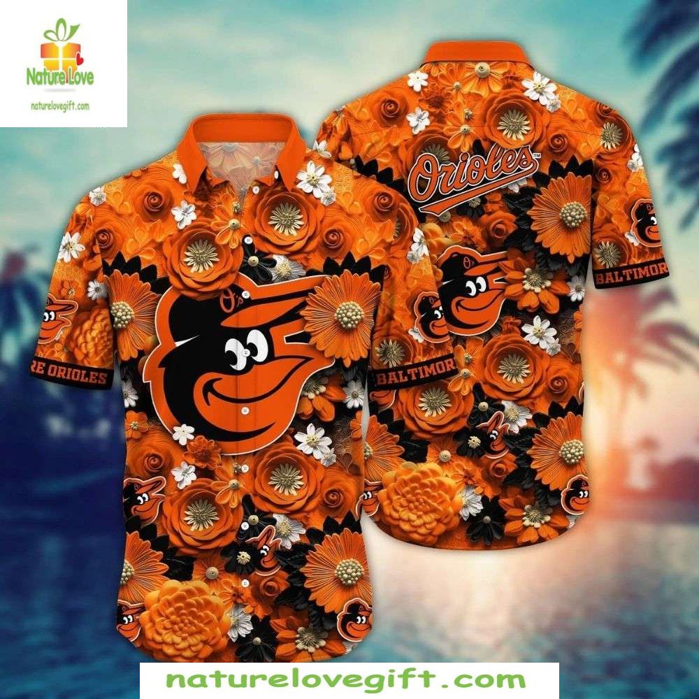 Baltimore Orioles Hawaiian Shirt Floral Orange MLB Baseball Apparel