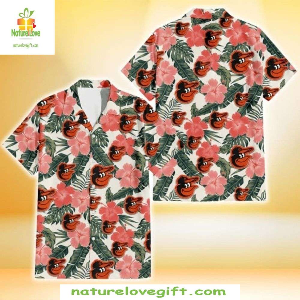 Baltimore Orioles Hawaiian Shirt Light Pink Floral Palm MLB Baseball Apparel