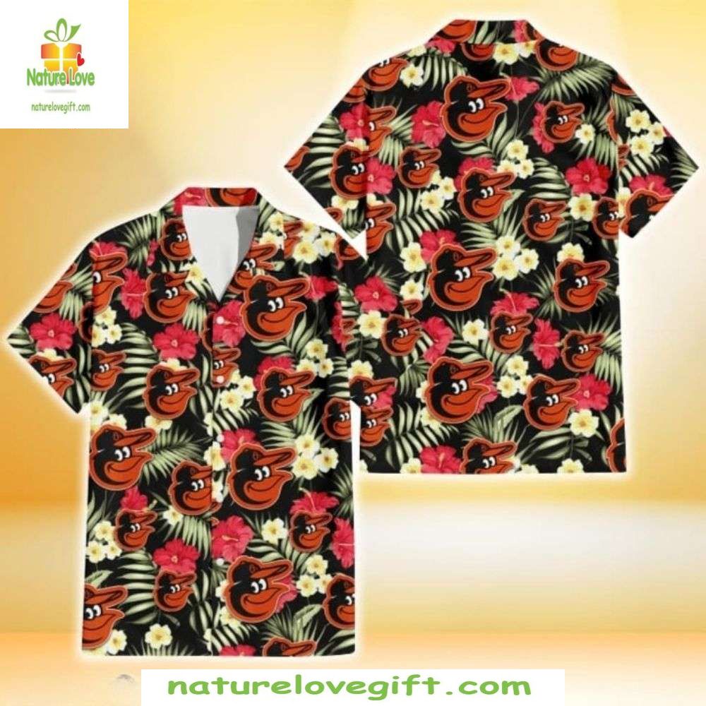 Baltimore Orioles Hawaiian Shirt Orange Black Floral MLB Baseball Apparel