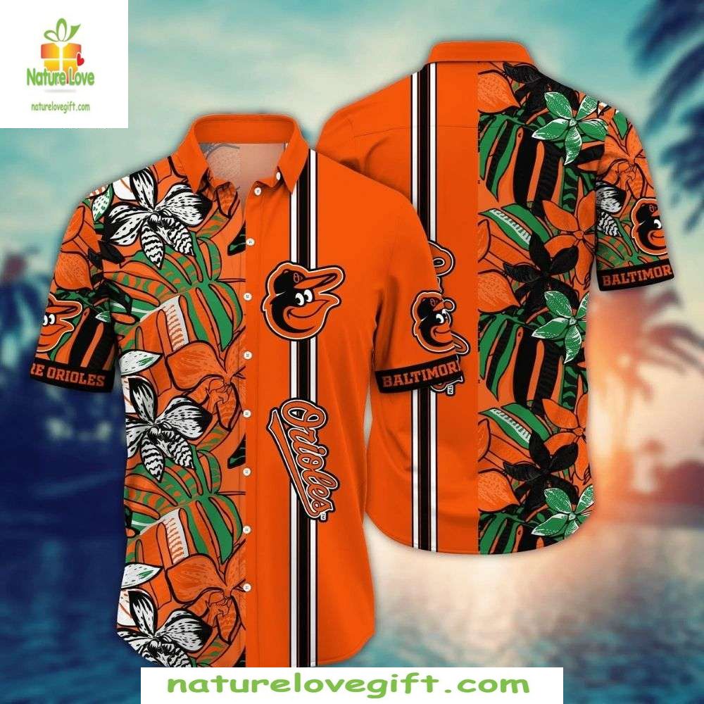 Baltimore Orioles MLB Hawaiian Shirt Tropical Flora Striped Button-Up