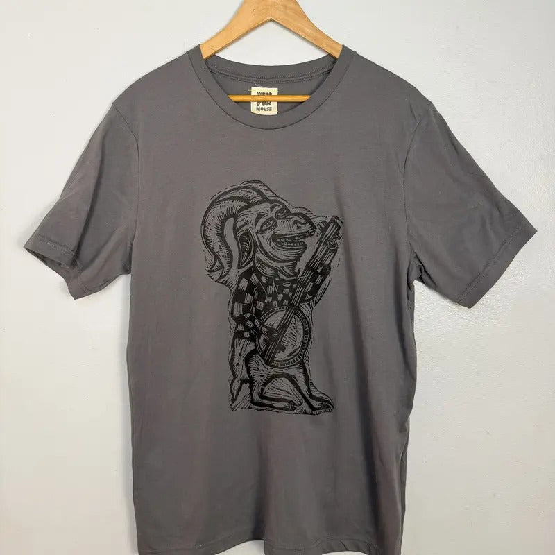 Banjo Goat Woodblock Hand-Printed T-Shirt Cotton Menswear Top Graphics