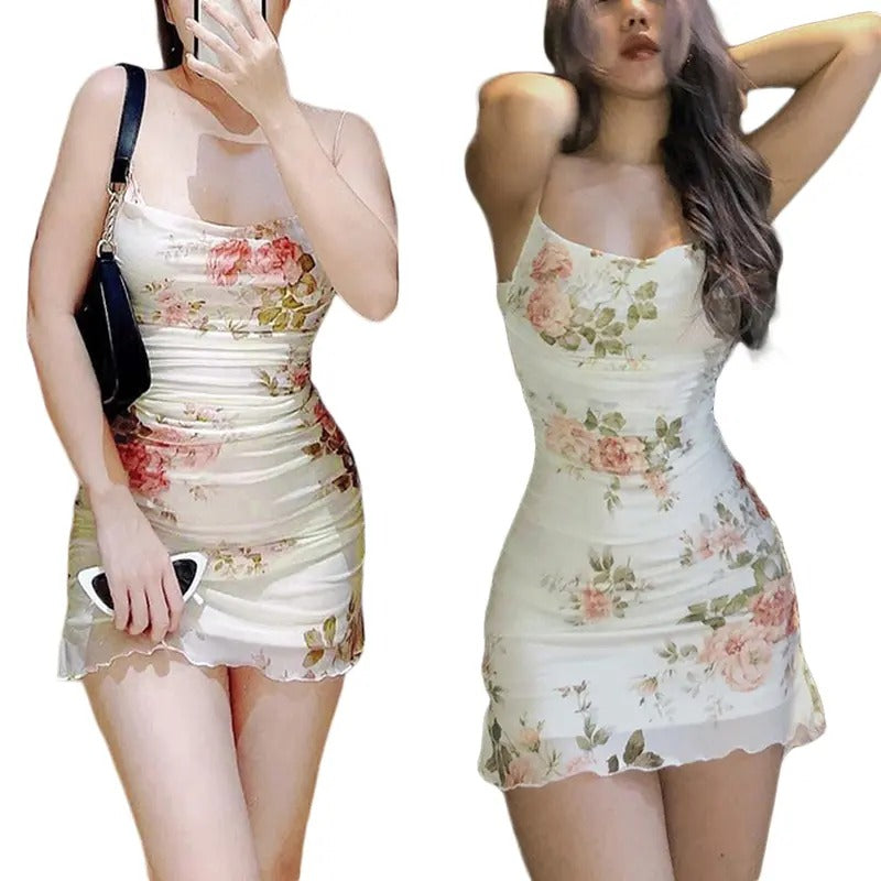 Women Sling Dress, Sling Vintage Floral Ruched Mesh Package Hip Slip Dress, Ladies Summer Slim Party/Club/Bar Short Outfits Casual Soft