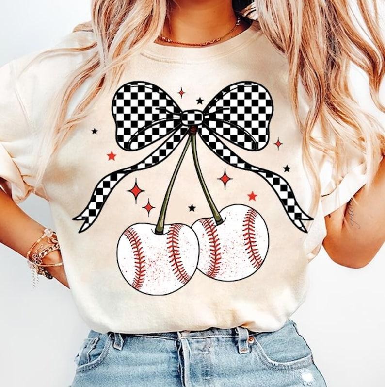Baseball Cherries Coquette Tshirt,Game Day Baseball Shirt, Checkered Bow, Mother Day T-Shirt, Trendy Summer Mama Tee...