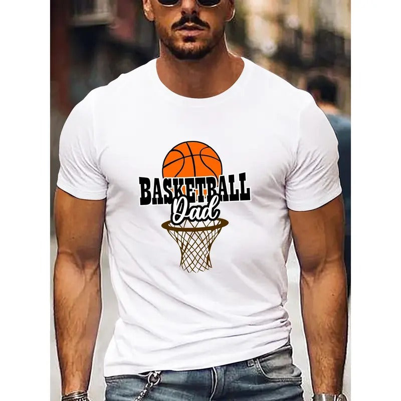 Basketball Graphic Men's Short Sleeve T-shirt, Comfy Stretchy Trendy Tees For Summer, Casual Daily Style Fashion Clothing Made in USA