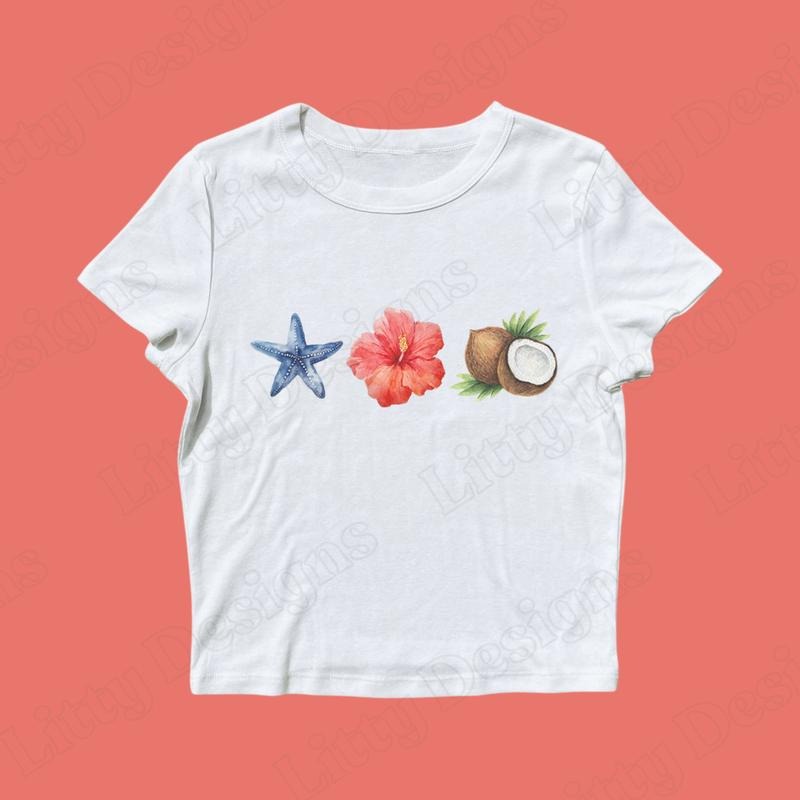 Beach Baby Tee, White Cropped Spring Top, Floral Casual Graphic Tshirt for Summer, Coconut Girl Aesthetic Hawaii Crop Top