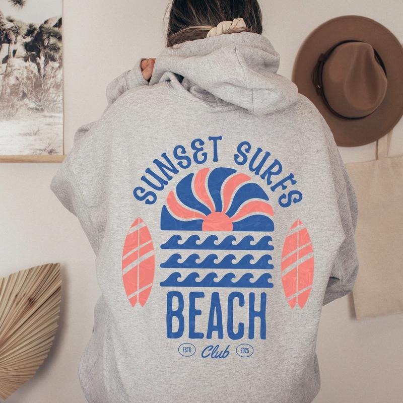 Beach Surf Club Women's Letter Print Drop Shoulder Drawstring Hoodie, 3 Color Options, Oversized Sweatshirt Graphic Hoodie Top for Spring & Summer