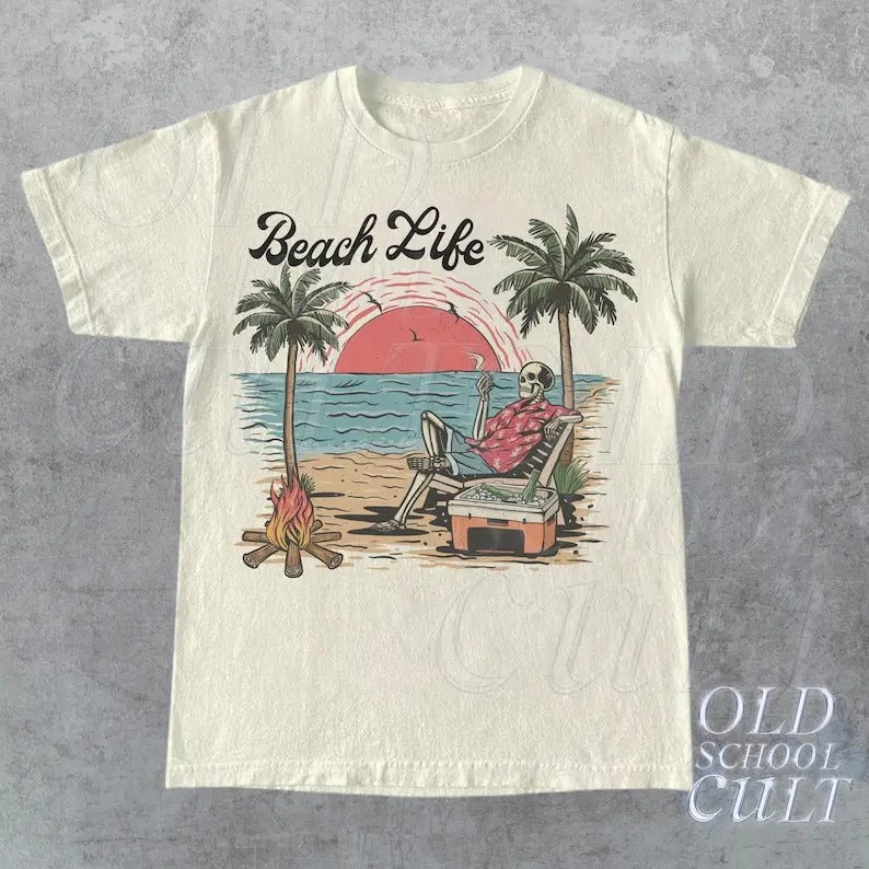 Beachlife Vintage Graphic T-Shirt, Retro Unisex Skate Graphic Tee, Oversize Nostalgia 90s Shirt, Cute Comfy Tee, Surf Lovers Gift, Skeleton