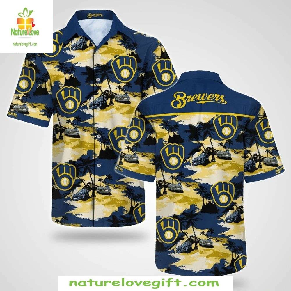 Milwaukee Brewers Hawaiian Shirt Beachside Baseball Sunset Palm Apparel