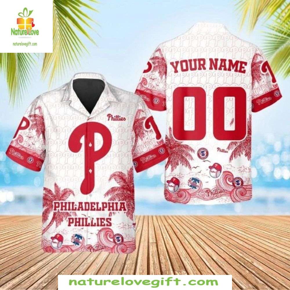 MLB Phillies Hawaiian Shirt White With Red Accents Beachside Pitch Baseball Apparel