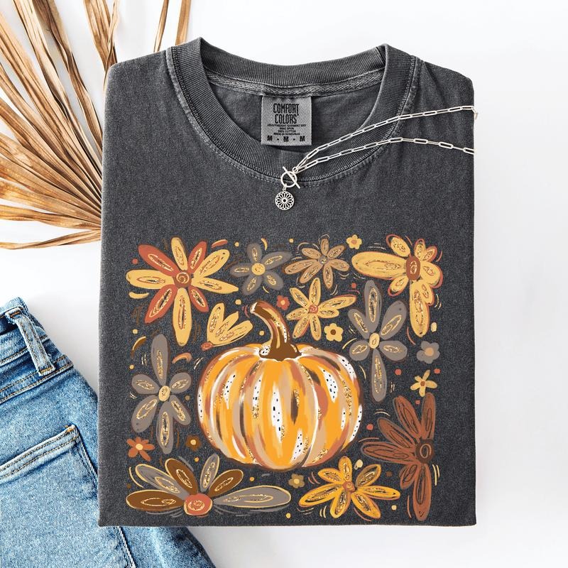 Beautiful Pumpkin Autumn Flowers, Fall, Floral, Watercolor, Comfort Colors T-Shirt Hoodie, Sweatshirt | InkThreadWorks.com