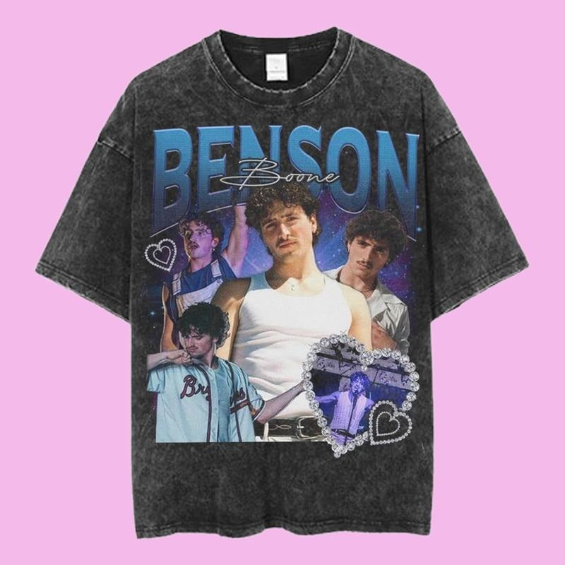 Benson Boone Heart Collage Graphic Tee, Retro Blue Fan Art Shirt, Emotional Pop Star Aesthetic, Unisex Menswear Womenswear Top, Benson Boone Tour Merch