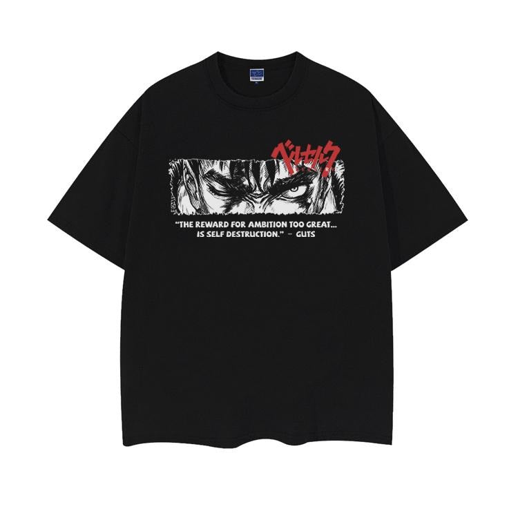Berserk "Guts' Determined Gaze" Heavyweight Vintage Tee 100% Cotton OVERSIZED Anime T-shirt Crew Necks Men'S Top Streetwear Black Casual
