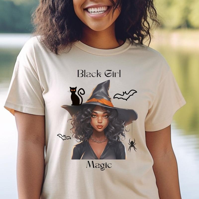 Black Girl Magic Witch Sweater, Witch Halloween Shirt, Black woman shirt, Black Witch, African American T-shirts, gifts for women, Full Sizes, Full Colors, Unisex Cotton Round Neck Tee, Women, Womenswear